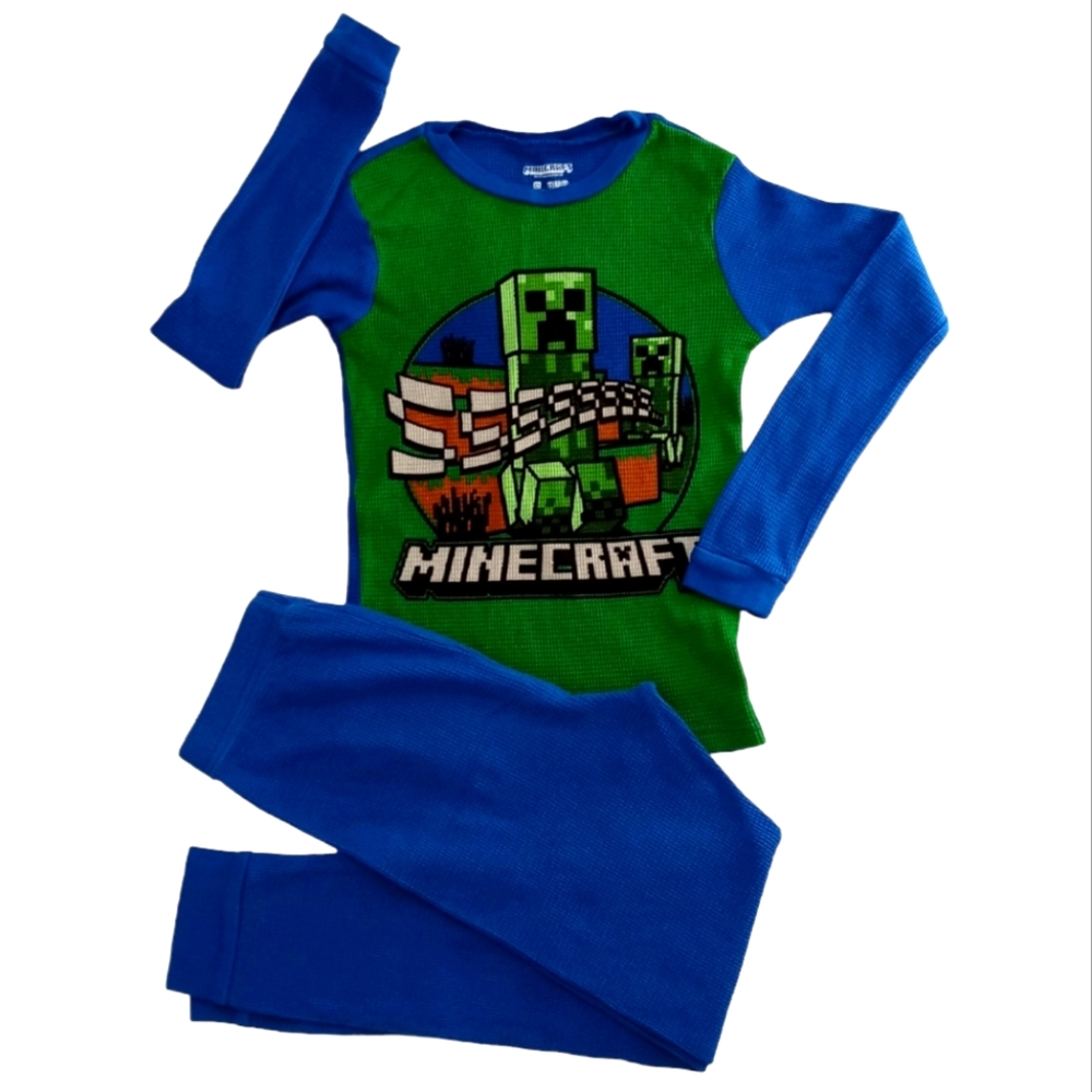 MINECRAFT BOYS CREEPER GRAPHIC THERMAL UNDERWEAR WAFFLE KNIT Size ( 10 ).Blue.